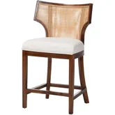 Franco Counter Stool in Brown Wood, Woven Rattan & White Fabric