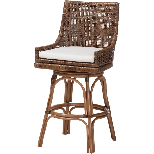 Bella Swivel Bar Stool in Coffee Bean Rattan & White Fabric