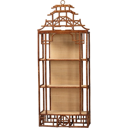 Tamiko 3 Tier Pagoda Style Etagere Bookcase in Marbled Tortoise Brown Rattan