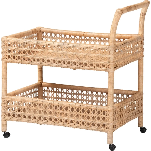 Alaina 2 Tier Mobile Kitchen Cart in Handwoven Natural Rattan