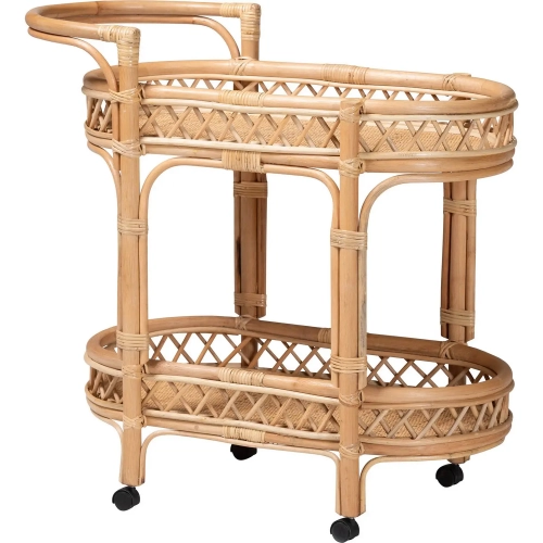 Raul 2 Tier Mobile Kitchen Cart in Handwoven Natural Rattan