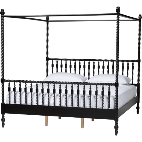 Callison King Spindle Canopy Bed with Spoked Headboard & Footboard in Black Wood