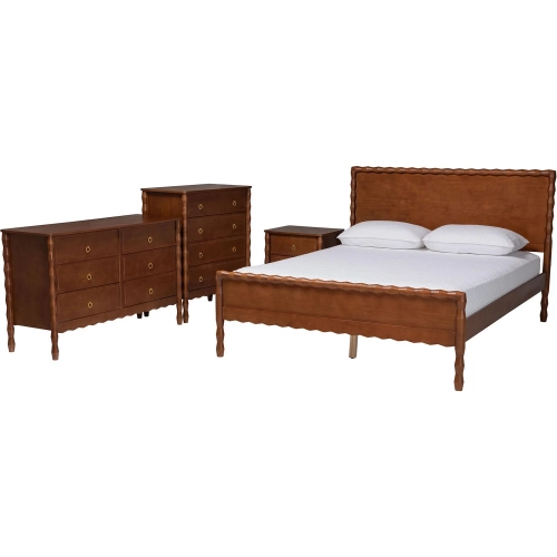 Seamus Bobbin 4 Piece Queen Bedroom Set in Walnut Brown Wood