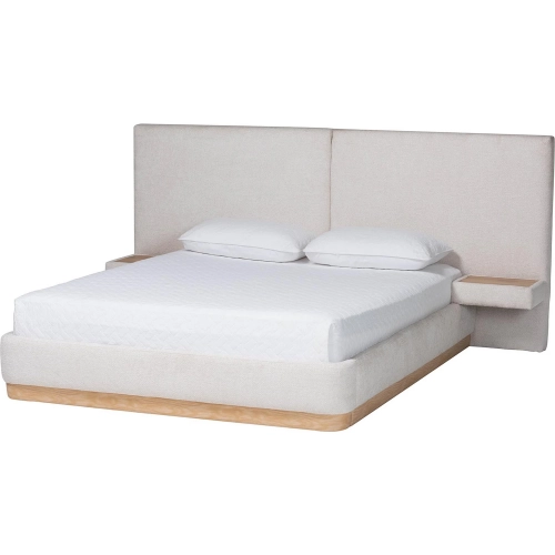 Jacinta Queen Bed with Large Headboard & Floating Nightstands in Beige Fabric