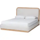 Aiman Queen Platform Bed in Beige Fabric & Wood Print Faux Leather