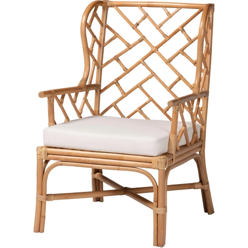Ray Wingback Accent Arm Chair in Natural Rattan & Neutral Fabric