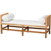 Vivan Backless Bench in Handwoven Rattan, Wood & White Fabric with Pillows