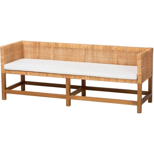 Vivan Bench in Handwoven in Natural Rattan, Honey Wood & White Fabric