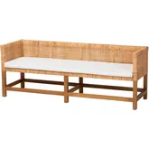 Vivan Bench in Handwoven in Natural Rattan, Honey Wood & White Fabric
