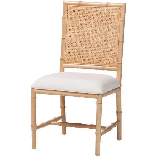 Sandy Bamboo Style Dining Chair in Wood, Natural Rattan & White Fabric (Set of 2)