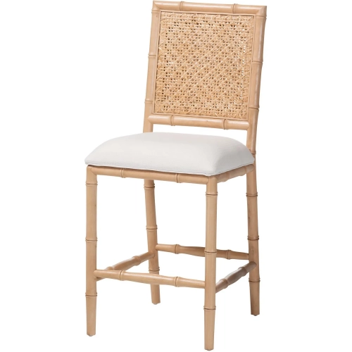 Sandy Bamboo Style Counter Stool in Wood, Natural Rattan & White Fabric (Set of 2)