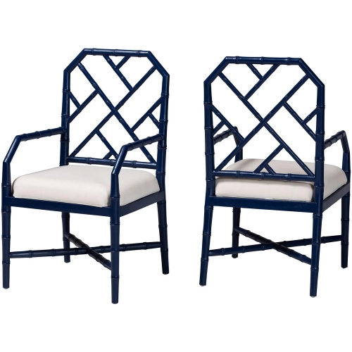 Sergio Bamboo Motif Chippendale Dining Chair in Navy Blue Wood & White Fabric (Set of 2)