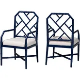 Sergio Bamboo Motif Chippendale Dining Chair in Navy Blue Wood & White Fabric (Set of 2)