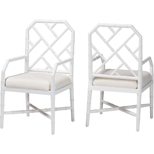 Sergio Bamboo Motif Chippendale Dining Chair in White Wood & White Fabric (Set of 2)