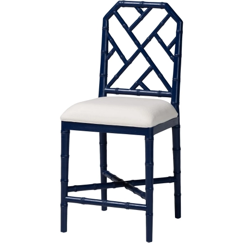 Sergio Bamboo Motif Chippendale Counter Stool in Navy Blue Wood & White Fabric (Set of 2)