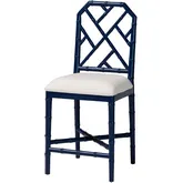 Sergio Bamboo Motif Chippendale Counter Stool in Navy Blue Wood & White Fabric (Set of 2)