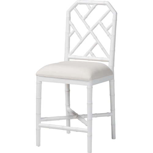 Sergio Bamboo Motif Chippendale Counter Stool in White Wood & White Fabric (Set of 2)