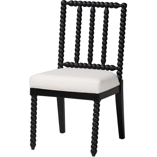 Deya Bobbin Dining Chair with Spindle Back in Black Wood & White Fabric (Set of 2)