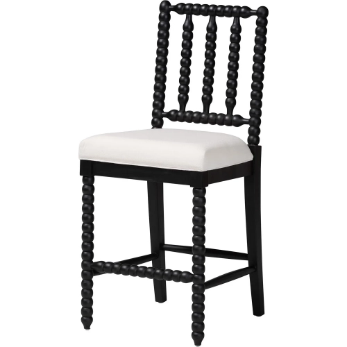 Deya Bobbin Counter Stool with Spindle Back in Black Wood & White Fabric