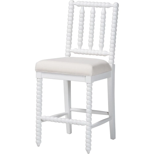 Deya Bobbin Counter Stool with Spindle Back in White Wood & White Fabric