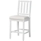 Deya Bobbin Counter Stool with Spindle Back in White Wood & White Fabric