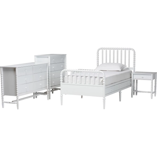 Lucera 5 Piece Twin Bobbin Bedroom Set in White Wood