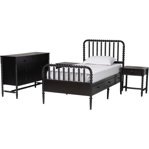 Lucera 4 Piece Twin Bobbin Bedroom Set in Black Wood