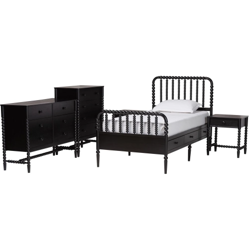 Lucera 5 Piece Twin Bobbin Bedroom Set in Black Wood