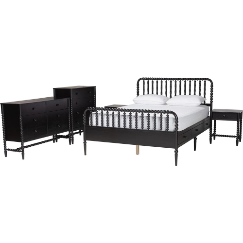 Lucera 5 Piece Full Bobbin Bedroom Set in Black Wood