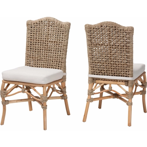 Nitya Camelback Dining Chair in Rattan, Seagrass & Neutral Fabric (Set of 2)
