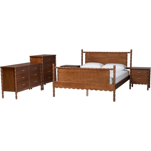 Danette Bobbin Queen 5 Piece Bedroom Set in Walnut Brown Wood