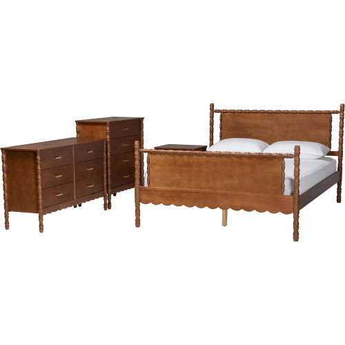 Danette Bobbin 4 Piece Queen Bedroom Set in Walnut Brown Wood