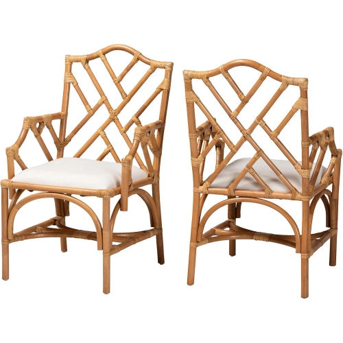 Cedric Dining Arm Chair in Honey Rattan & White Fabric (Set of 2)