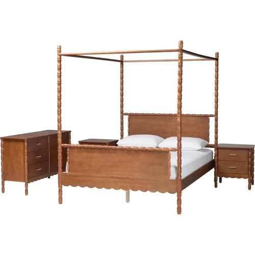 Danette Bobbin 4 Piece Queen Canopy Bedroom Set in Walnut Brown Wood