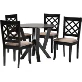 Adina 5 Piece Dining Set in Sand Fabric & Dark Brown Wood