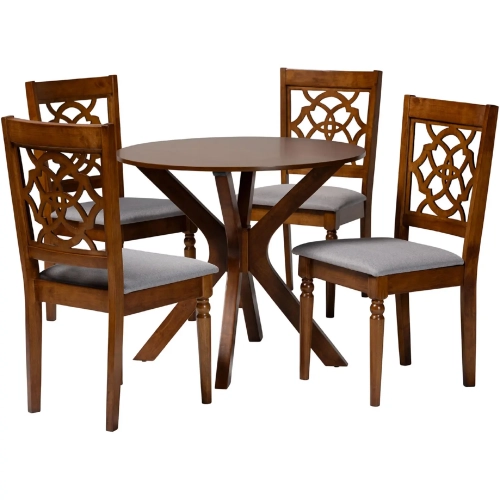 Sadie 5 Piece Dining Set in Grey Fabric & Walnut Brown Wood