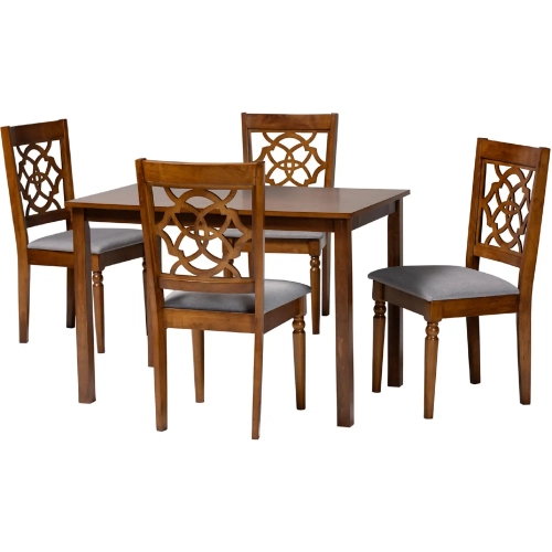 Renaud 5 Piece Dining Set in Grey Fabric & Walnut Brown Wood