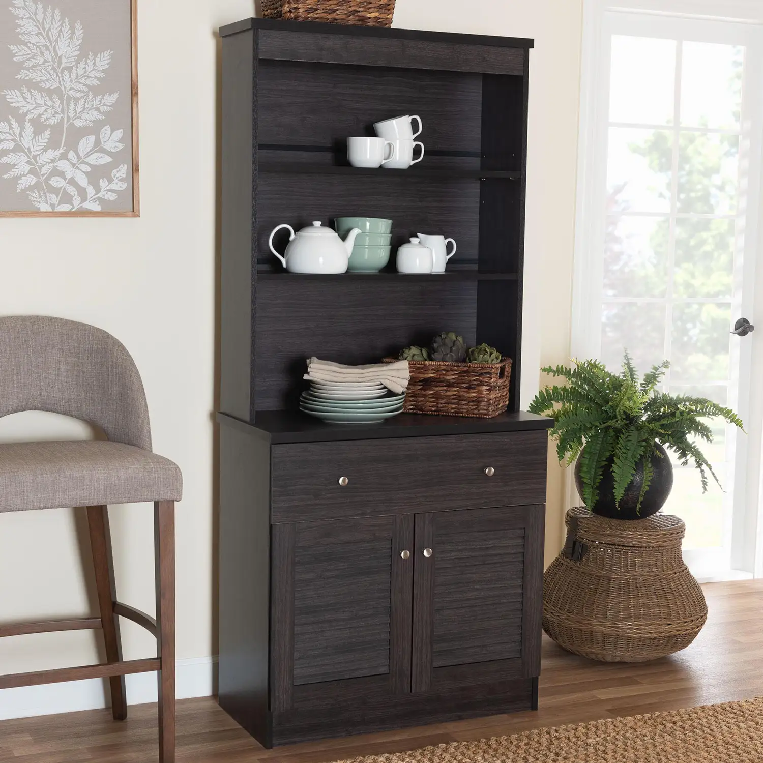 Baxton DR 883701-Wenge Agni Buffet & Hutch Cabinet in Dark Brown