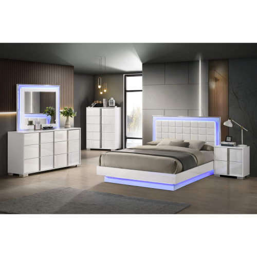 B750 5 Piece Queen Bedroom Set in Gloss White, Tufted White Leatherette & LED