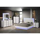 B750 5 Piece Queen Bedroom Set in Gloss White, Tufted White Leatherette & LED