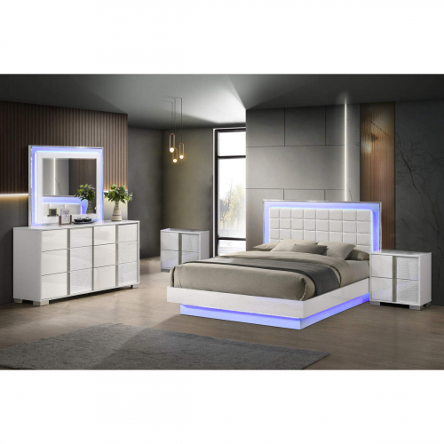 B750 5 Piece Queen Bedroom Set in Gloss White, Tufted White Leatherette & LED