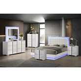 B750 6 Piece King Bedroom Set in Gloss White, Tufted White Leatherette & LED