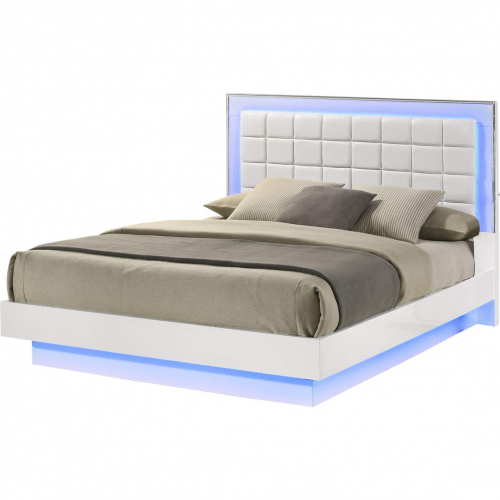 B750 Queen Floating Platform Bed in White Lacquer, Tufted Leatherette & LED