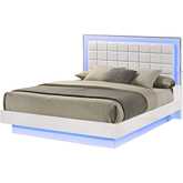 B750 Queen Floating Platform Bed in White Lacquer, Tufted Leatherette & LED