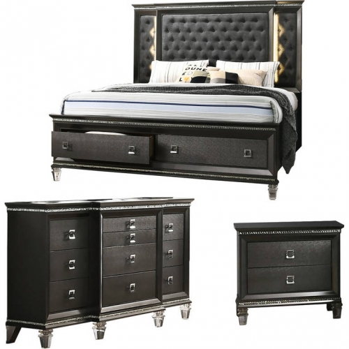 BEL 3 Piece Queen Bedroom Set with Headboard Light in Tufted Gray Velvet