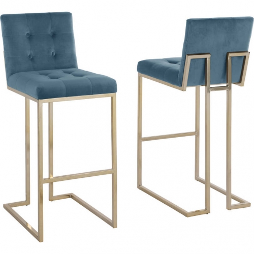 BS2 Bar Stool in Tufted Teal Blue Velvet & Gold Chrome Legs (Set of 2)