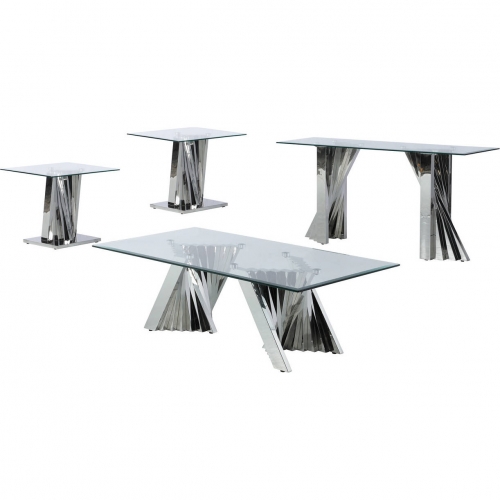 CT01 Coffee, 2 End & Console Table Set in Glass & Silver Stainless Steel