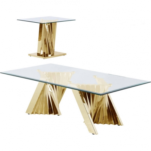 CT04 Geometric Coffee & End Table Set in Glass & Gold Stainless Steel