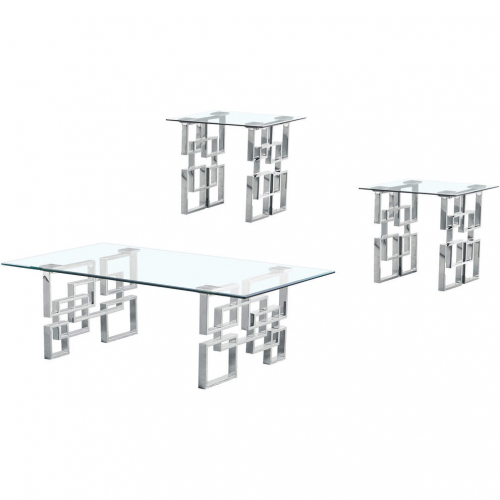 CT233 3 Piece Coffee Table Set in Tempered Glass & Silver Stainless Steel
