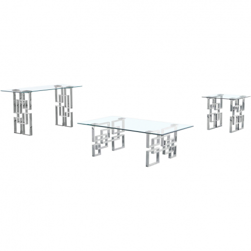 CT233 3 Piece Coffee Table Set in Tempered Glass & Silver Stainless Steel